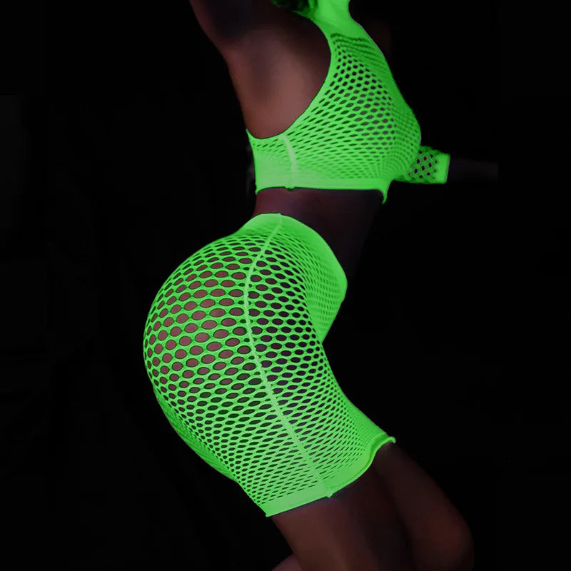 New Luminous Crotchless Bodystocking For Mesh Babydoll Dress Transparent Lingerie Plus Size Curvy Bodysuit Costumes
