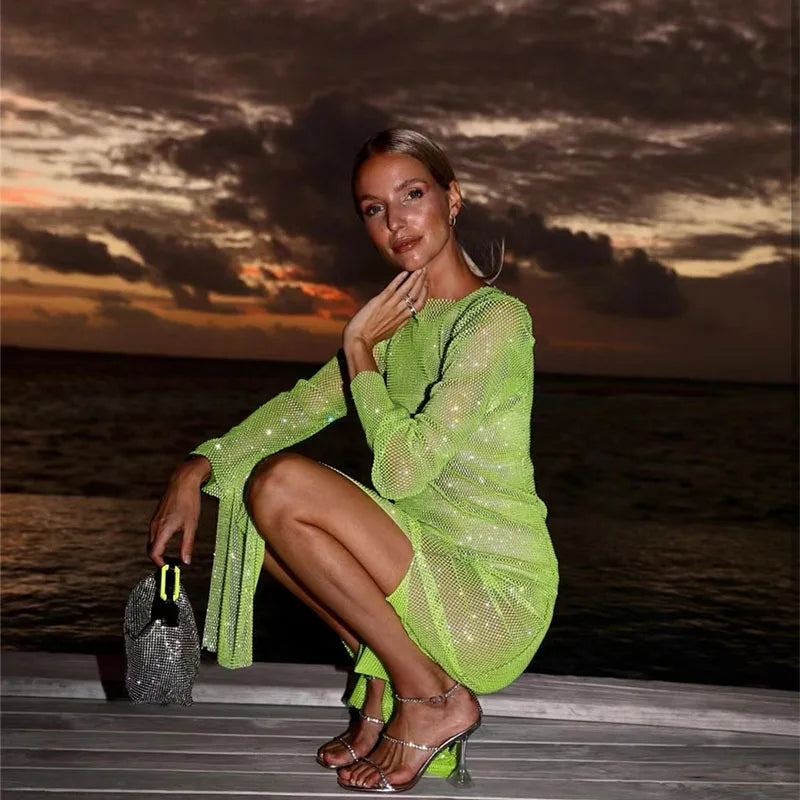 Shiny Rhinestone See Through Mesh Dress Women Sexy O Neck Split Long Sleeve Party Dresses Nightclub Cocktail Ladies Dress
