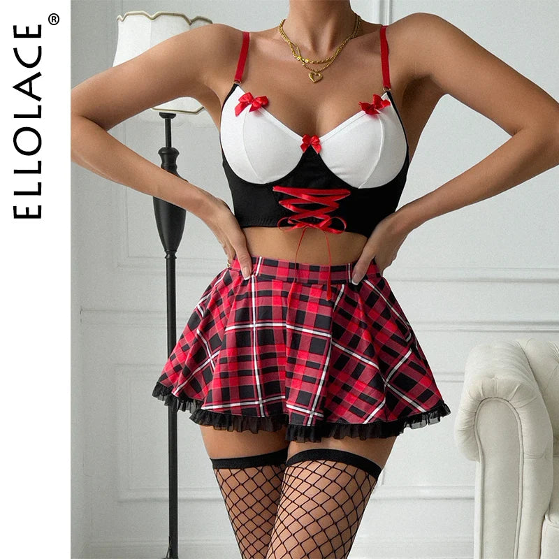 Ellolace Plaid Cosplay Sexy Lingеrie Set With Stocking Sissy Onlyfans Costume School Uniform Ensemble Lingeries Femmes 5-Piece