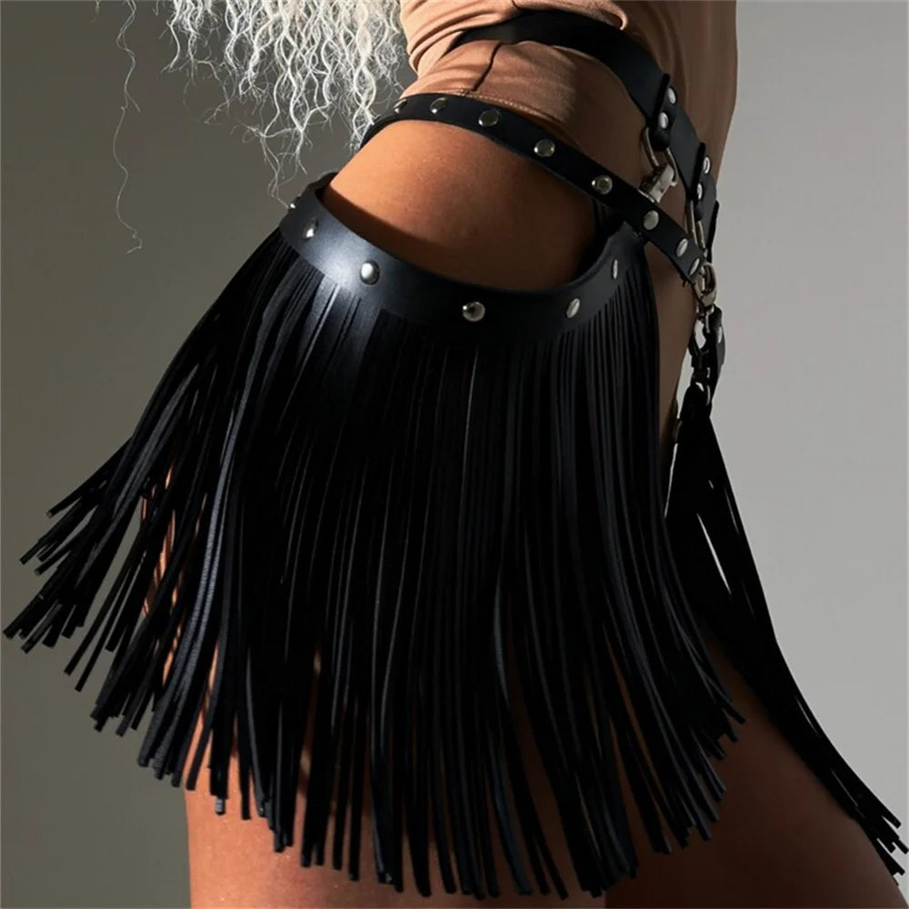 Tassels Leather Cage Skirt With Fringe Body Harness Women Party Suspender Belt Goth Accessories