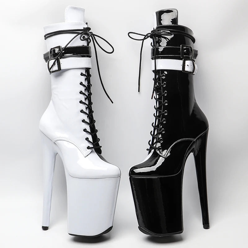 23CM/9inches Patent upper white color with black color Two color Mix y boots High Heels Platform Pole Dance shoes
