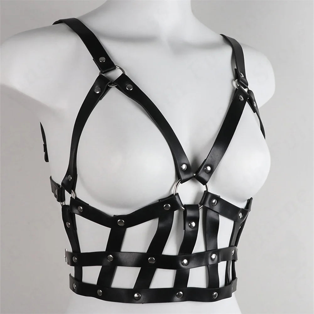 PU Leather Harness Body Set Women Gothic Lingerie Body Goth Corset Suspender Waist Leg Garters Rave Clothes