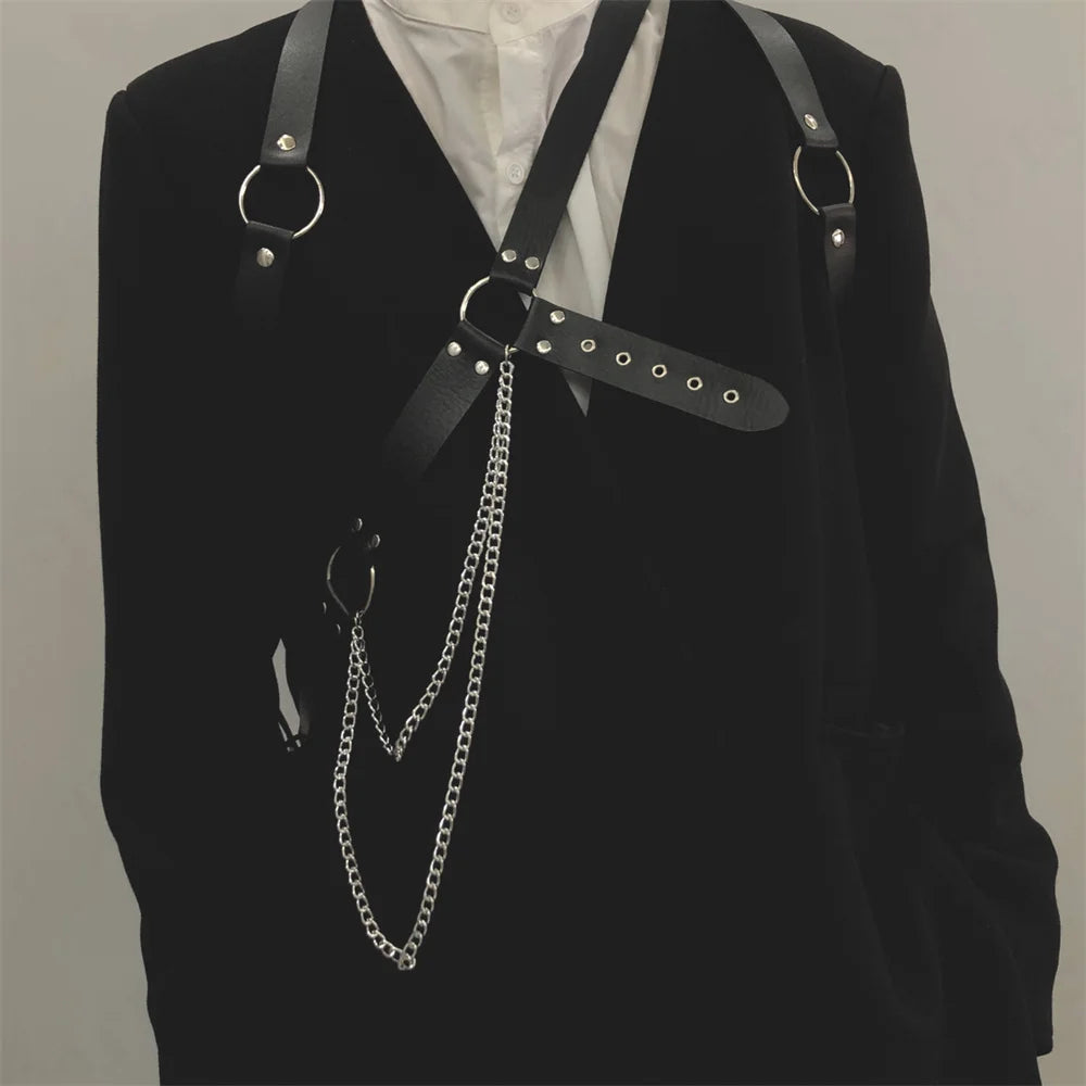 Gay Men Harness One Shoulder Back PU Leather Harness Body Chain Harness Carnival Costumes Rave Outfit Festival Wear