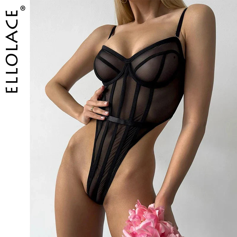 Ellolace Lace Bodysuit One Piece Tops Sheer Lace See Through Tight Fitting Black High Cut Fitness Body Tights