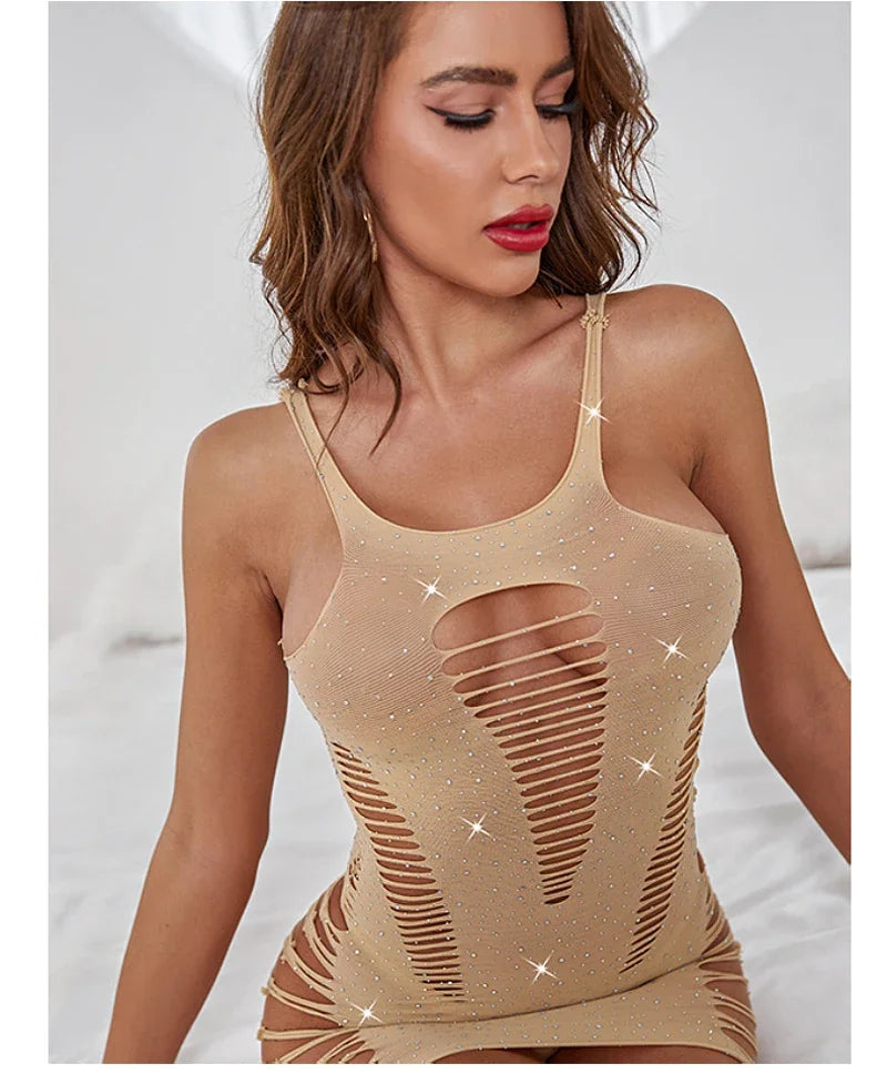 Women Lingerie Rhinestone Bodysuit Mesh Costume Underwear Ladies Open Babydoll Bling Dress for Clothing