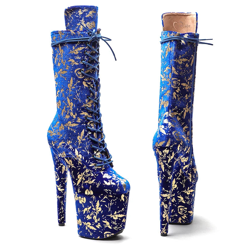 20CM/8inches Blue color Gold leaf pattern Pole dancing shoes High Heel platform Pole Dance boot