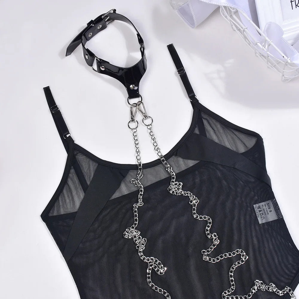 Bodysuit Lingerie Transparent Lace Body One-Pieces With Halter Leather Chain y Mesh Tights Top
