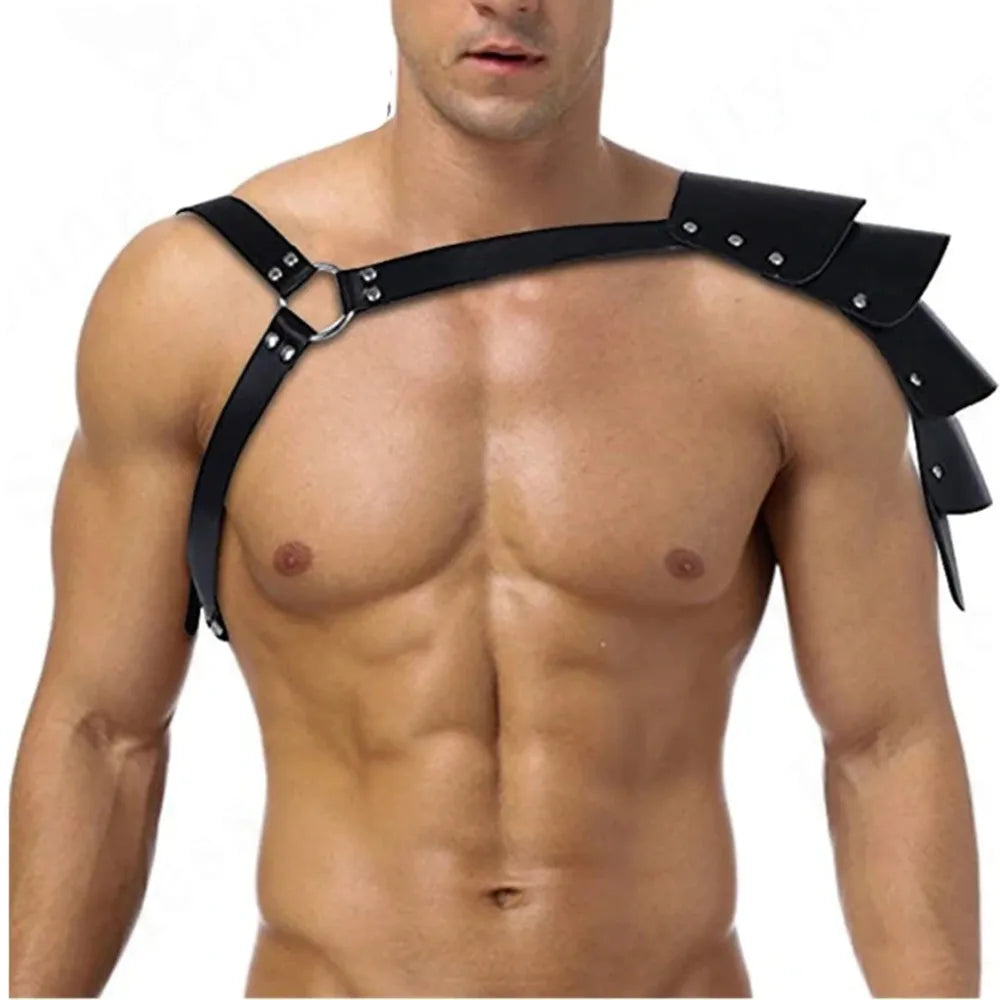 Mens Lingerie Faux Harness Leather Adjustable Armor Body Chest Harness Male Exotic Costume with Buckles