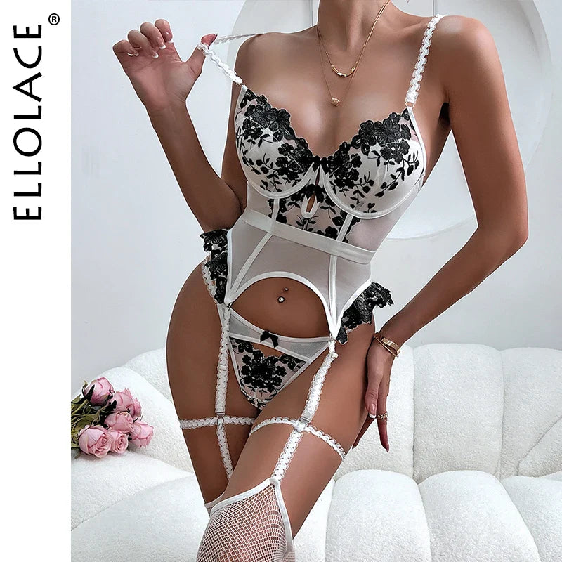 Ellolace Erotic Sexy Lingerie With Stocking Romantic Floral Women's Underwear Bra Bilizna Set Lace Attractive Onlyfans Outfits