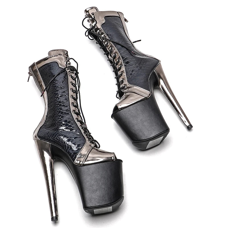 20CM/8inches PU Upper black with gun color open toe Pole dancing shoes High Heel platform Pole Dance boot