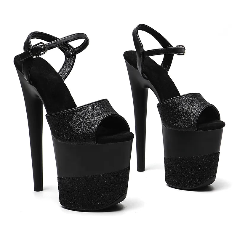 20cm/ 8inches Glitter upper matte black color with Glitter platform high heel sandals pole dance shoes