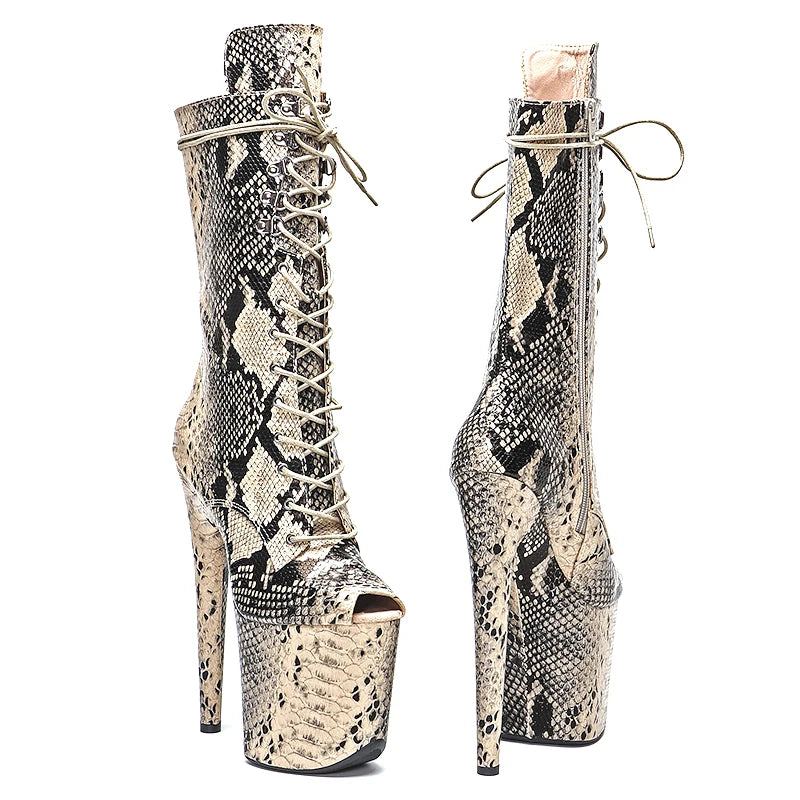 20CM/8Inch Snake PU Small Open Toe Platform Disco Party High Heels Mid Calf Boot Pole Dance Boot