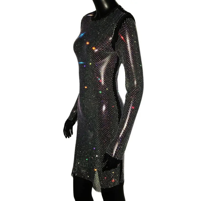 Women Crystal Diamond Sexy Bodycon Dress Hollow Out Long Sleeve Mini Dress See Through Rhinestone Party Club Evening Dresses
