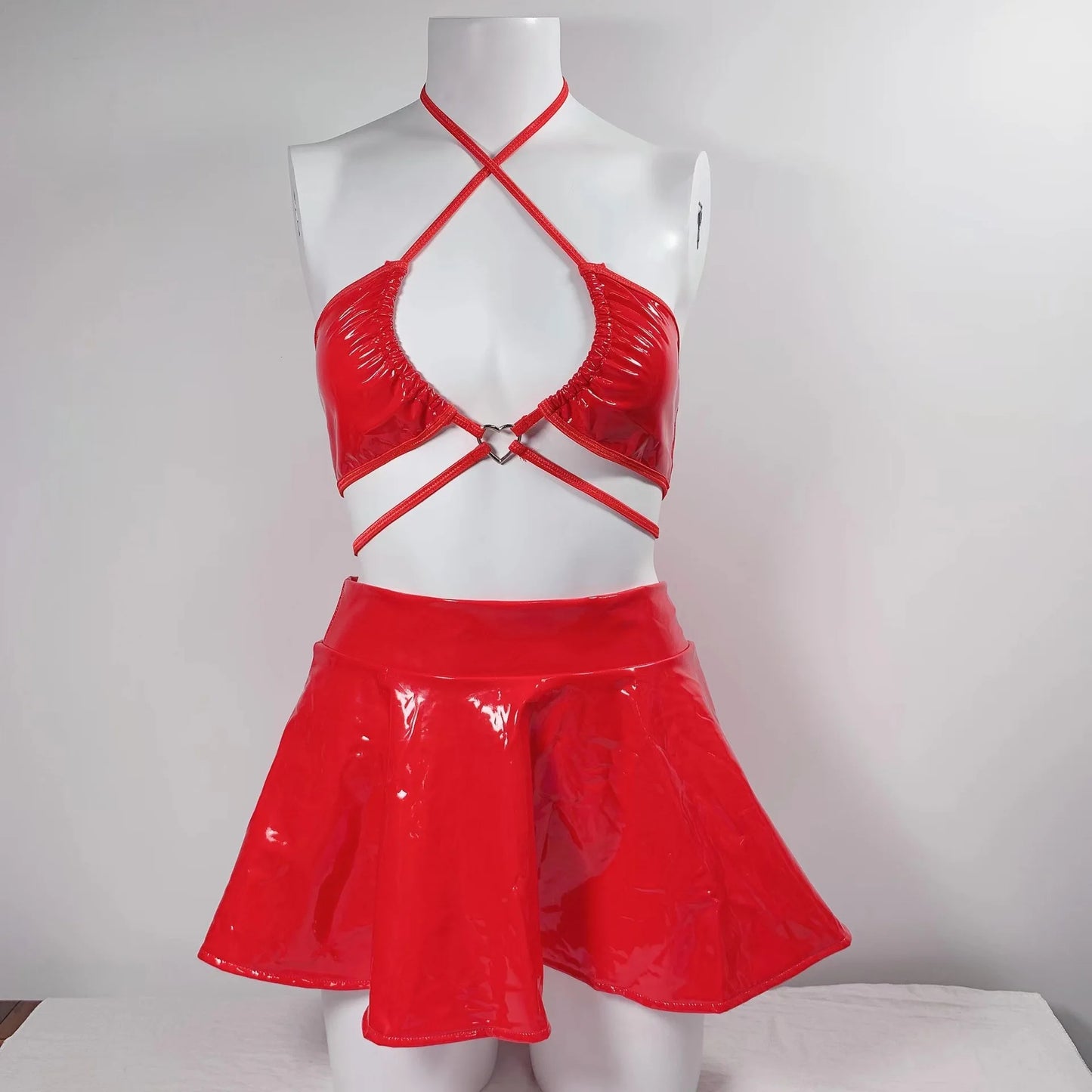 Pvc Lingerie PU Leather Setup Ladies Skirt Underwear Red Set Woman 2 Pieces Cross Bra y Outfits