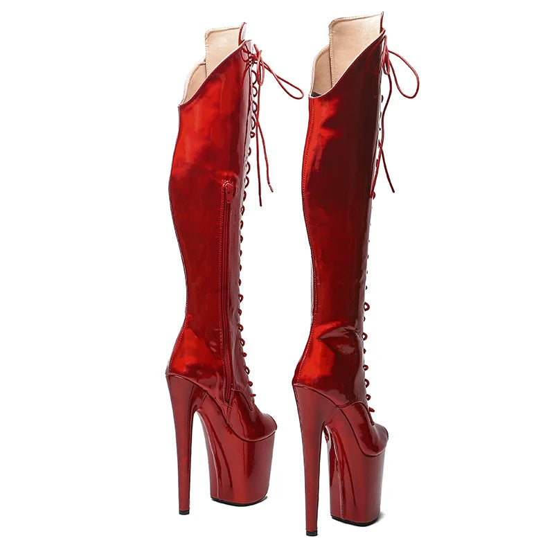 20CM/8inches Shiny PU Pole dancing shoes High Heel platform Boots Small Open toe Pole Dance boots