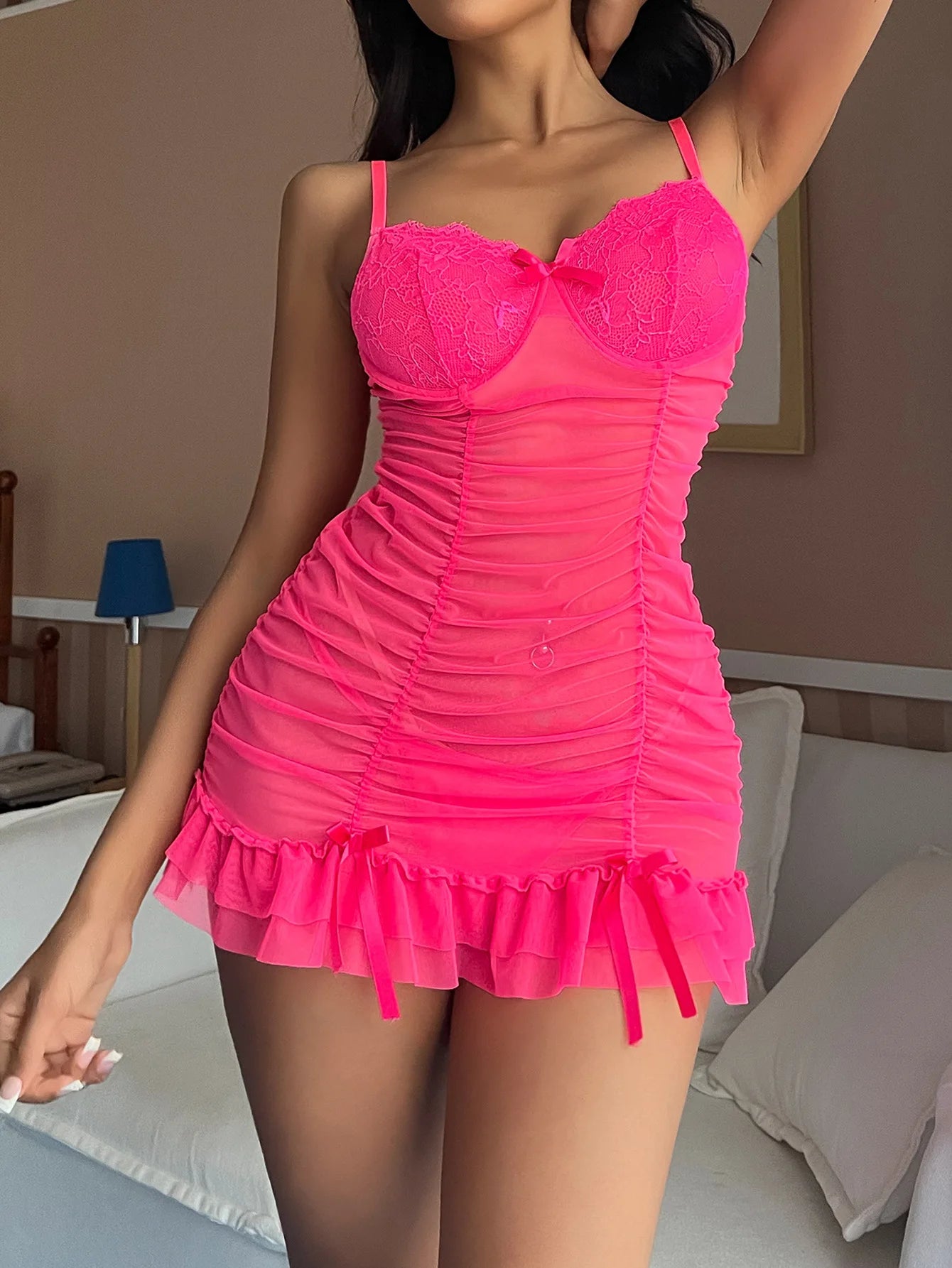 Sensual Pleated Nightdress Transparent Ruffled Mini Dress Sheer Lace Babydoll See Through Fantasy y Outfit