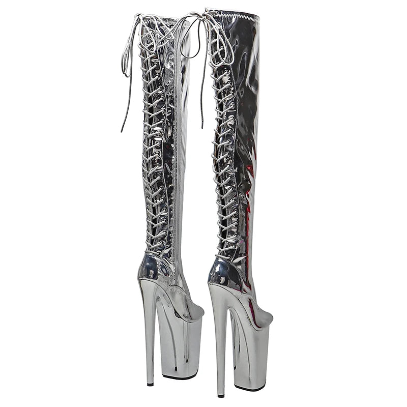 23CM/9inches Shiny PU upper y boots Small Open Toe Silver electroplate High Heels Platform Pole Dance shoes