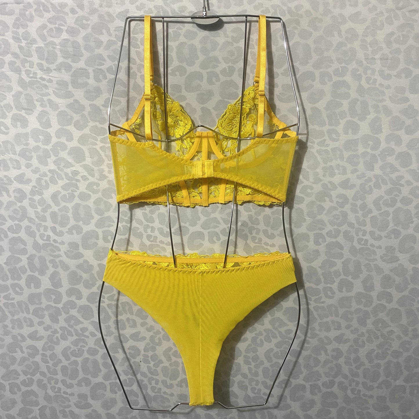 Sensual Lingerie Transparent Bra Fancy Underwear Set Women 2 Piece Floral See Through Lace Outfit Yellow Fairy Intimate