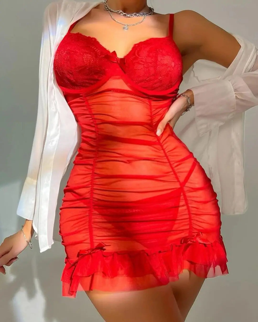 Sensual Pleated Nightdress Transparent Ruffled Mini Dress Sheer Lace Babydoll See Through Fantasy y Outfit