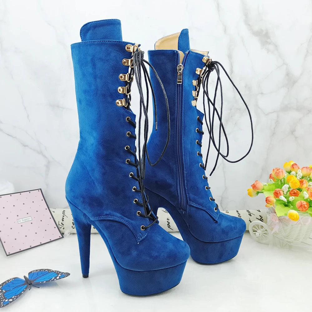 Blue Suede 15CM/6inches Pole dancing shoes High Heel platform Boots closed toe Pole Dance booties