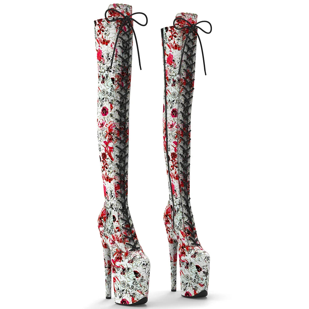 20cm/8inches y Trend Fashion Exotic Flower Pattern Women High Heel Platform Thigh High Boots Pole Dancing Boots