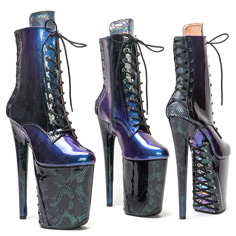 23CM/9inches shinny Snakeskin material lace up sole and upper High Heels Pole Dance boot