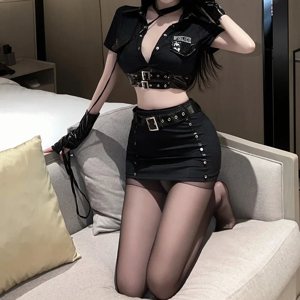 Women Seductive Cosplay Uniform Deep V Top Mini Hip Wrap Skirt Optional Set Temptation Costumes Black Outfit