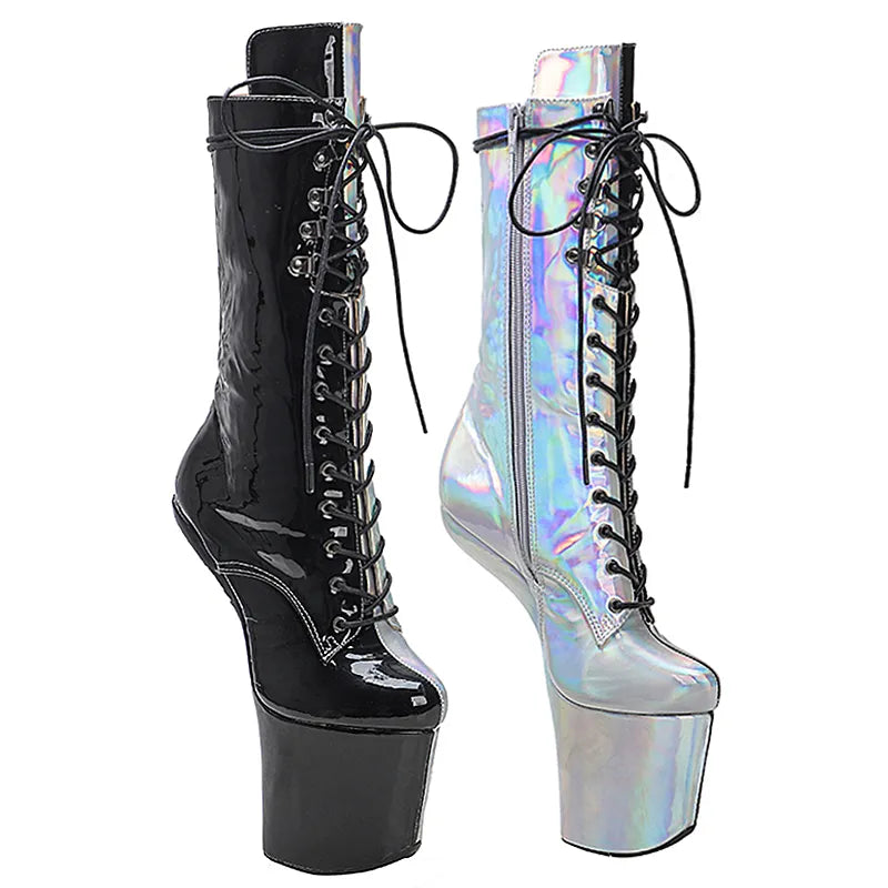 shinny Black with silver PU Upper Platform Ankle Boots y Exotic heelless pole dance shoes