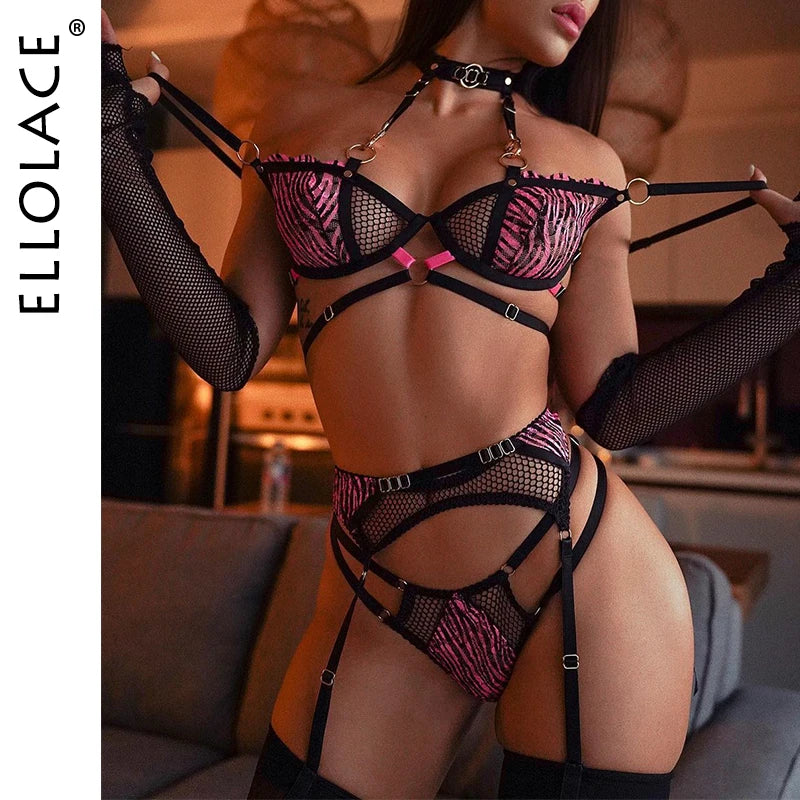 Zebra Lingerie Fancy Lace Underwear See Through Halter Bra Delicate Intimate Luxury Outfits Garters Brief Sets