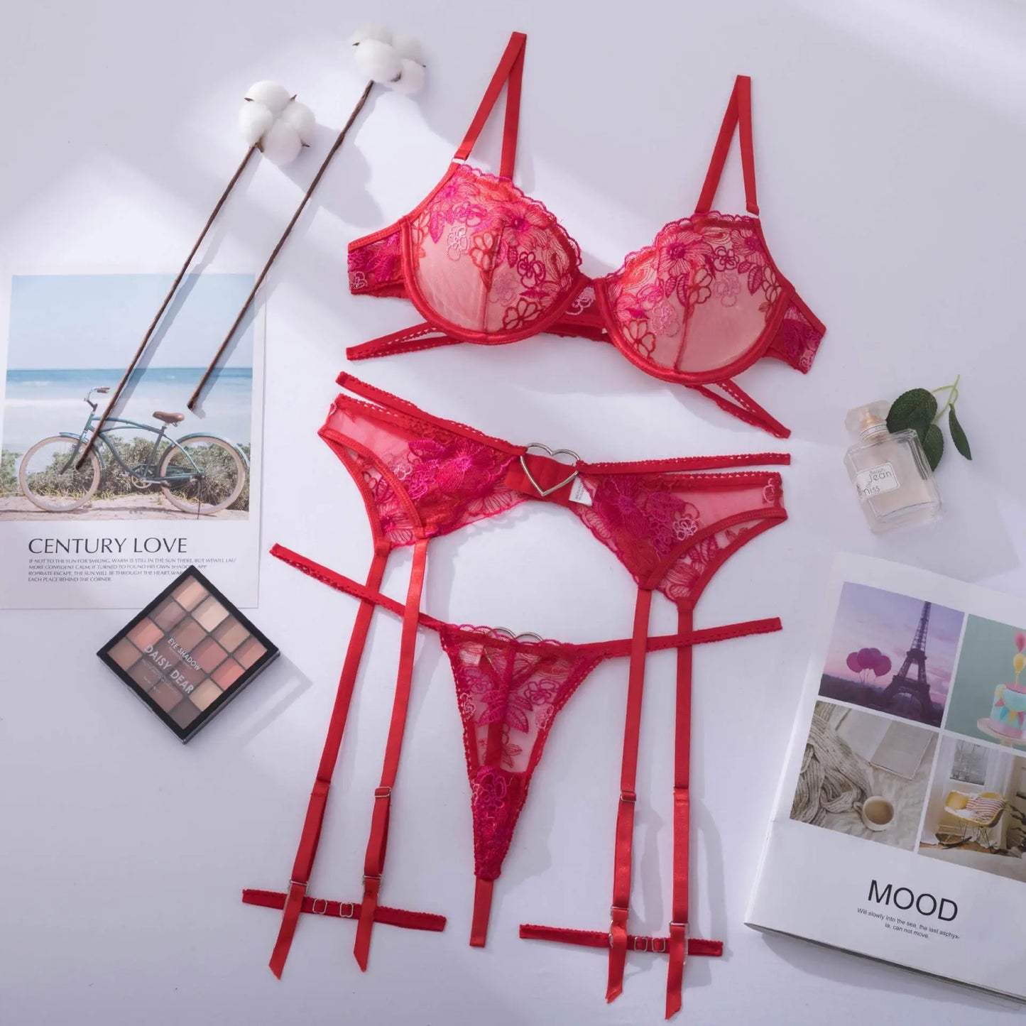 Conjunto de sujetador y bragas de lencería roja Love, ropa interior elegante de encaje de lujo de 3 piezas, tangas, ligas, conjunto íntimo