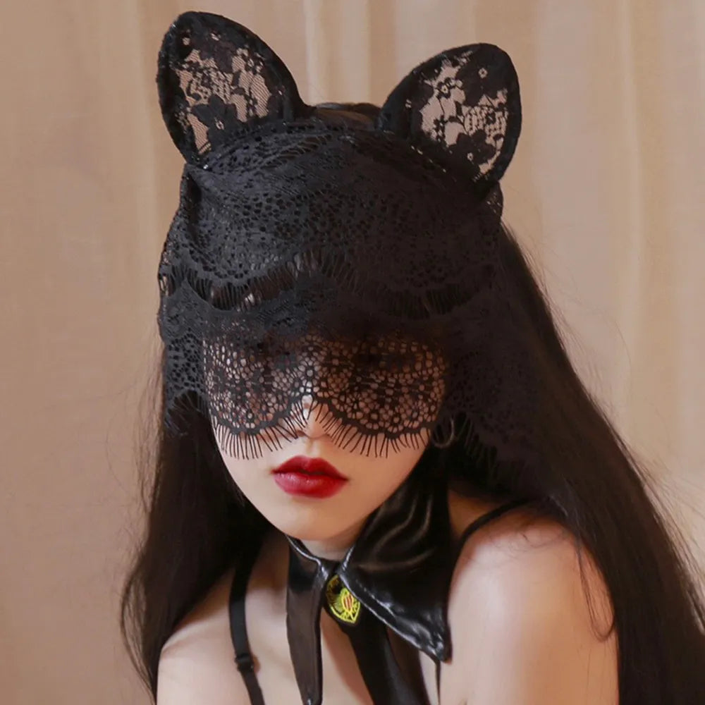 Cosplay Party Masquerade Headwear Lace Veil Cute Cat and Rabbit Ears Cosplay Headband Hairpin Women Squid Game Anime