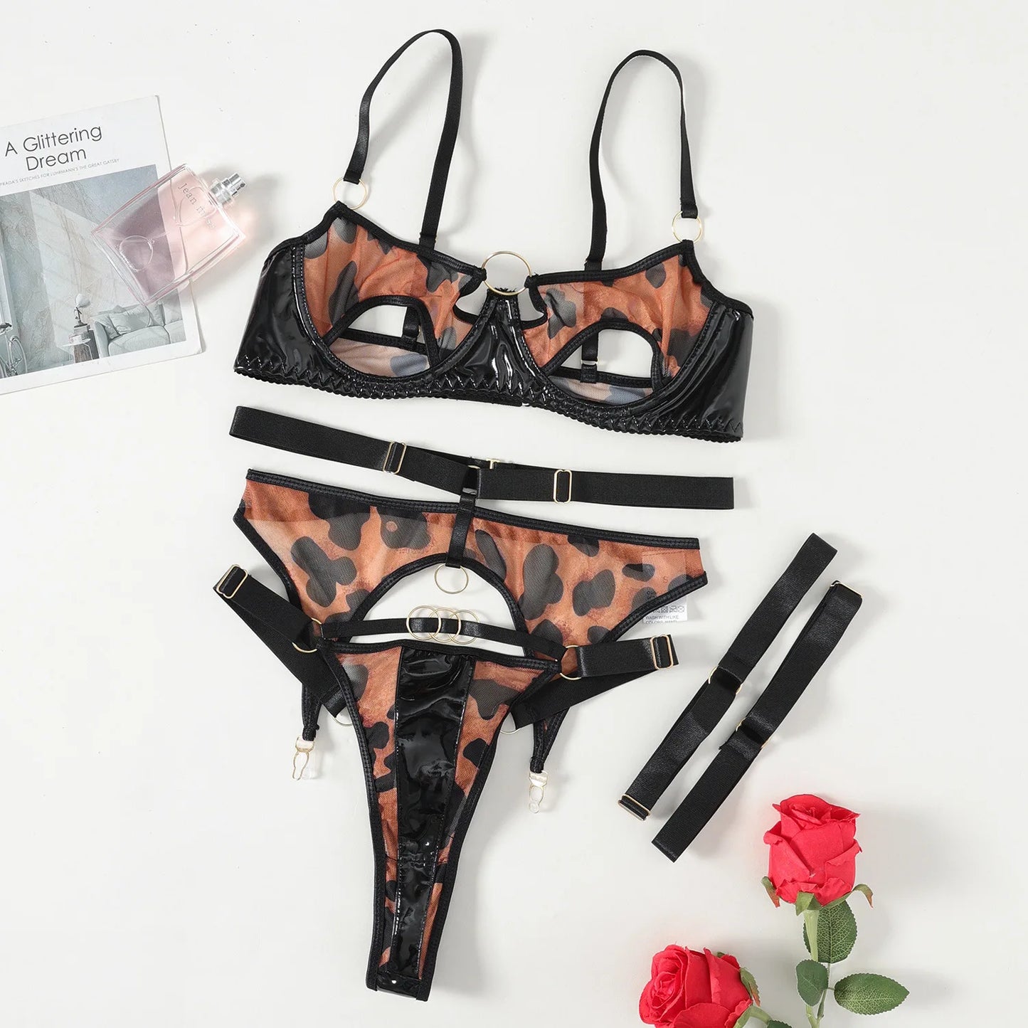 Sensual Leopard Lingerie Cut Out Bra Outfits Pu Leather Patchwork Fancy Bilizna Set Latex Underwear