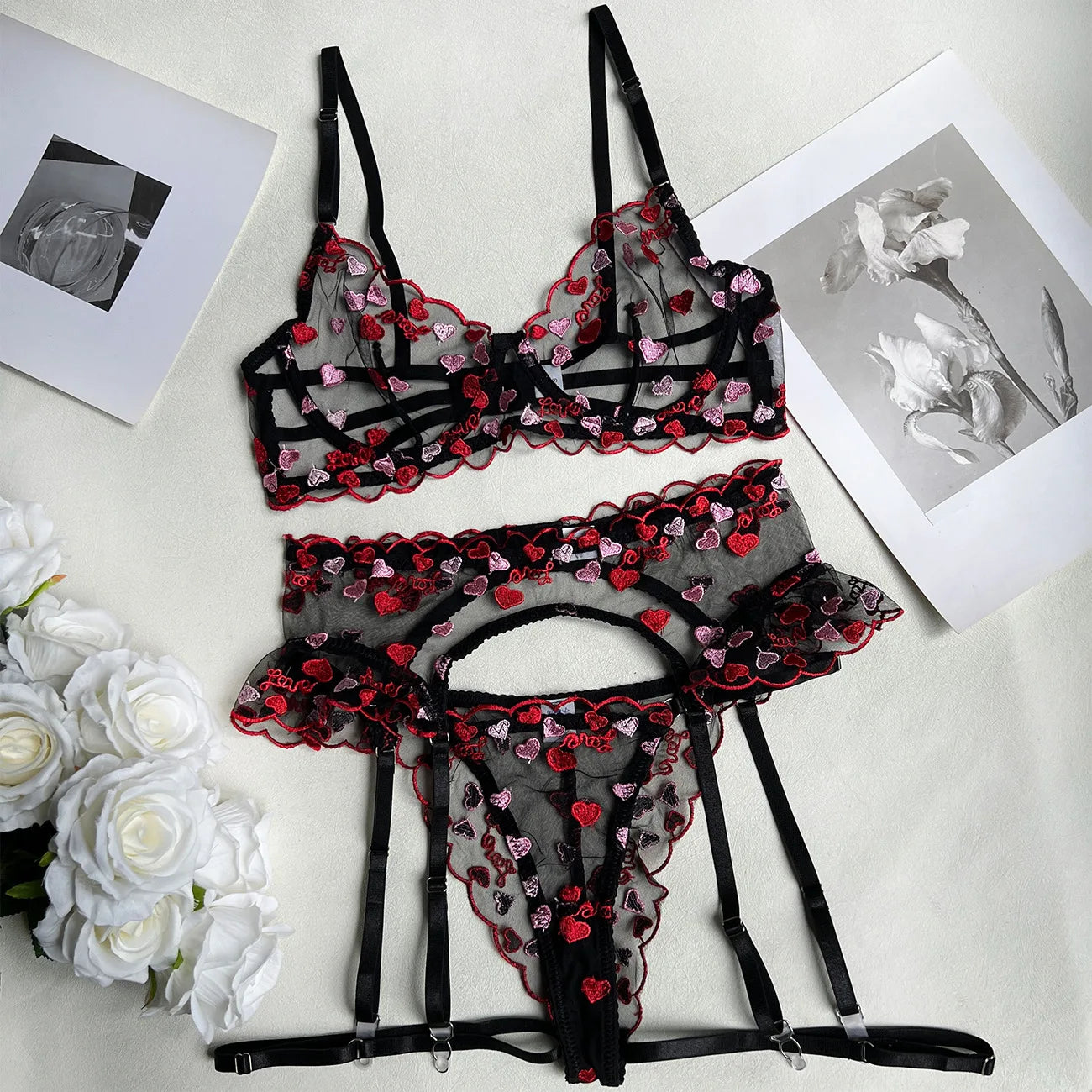 Heart-Shaped Lingerie Garter Belt Set Transparent Lace Seamless Underwear Fancy Sheer Lace Fantasy Ruffle Sets