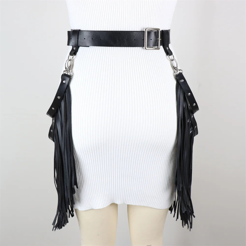 Tassels Leather Cage Skirt With Fringe Body Harness Women Party Suspender Belt Goth Accessories
