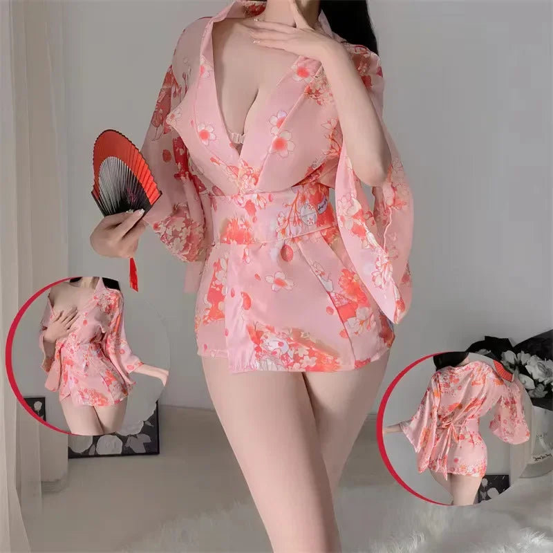 Women Sexy Lingerie Cosplay Pink Kimono Set Plus Size Women Underwear Japan Short Dress Lace Skirt Open Sleepwear Mini Dress