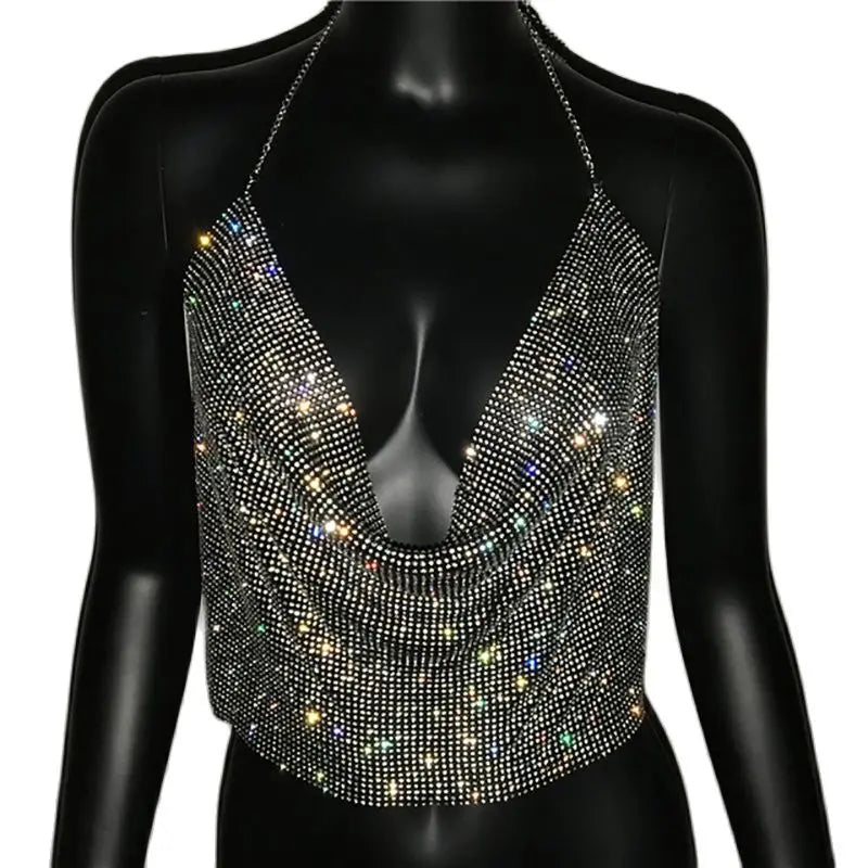 AKYZO Women Sparkly Rhinestone Sexy Two Piece Set 2023 New Low Cut Sleeveless Halter Backless Party Top Split Empire Mini Skirt