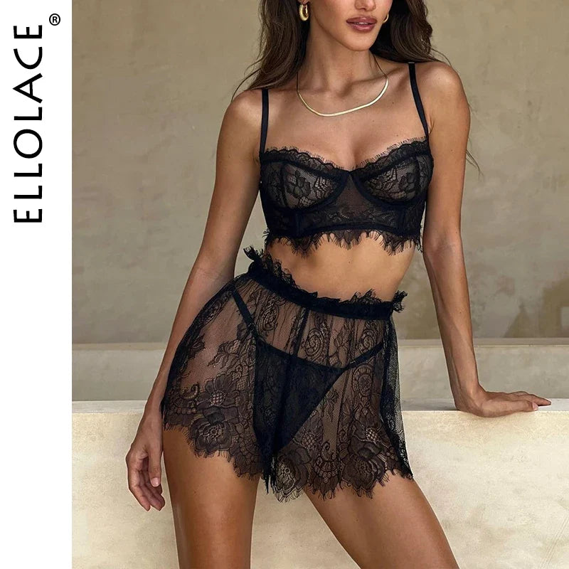 Ellolace Lace Lingerie See Through Exotic Sets Sissy Transparent Skirt Fantasy Outfits Sexy French Underwear Black Sex Suit