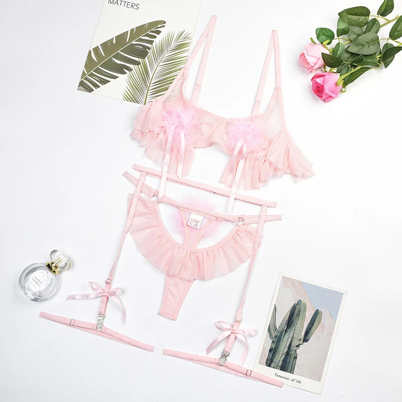 Sexy Feather Lingerie Light Pink Ruffle Hollow Thongs Outfits Seamless Set Woman 3 Pieces Fairy Intimate