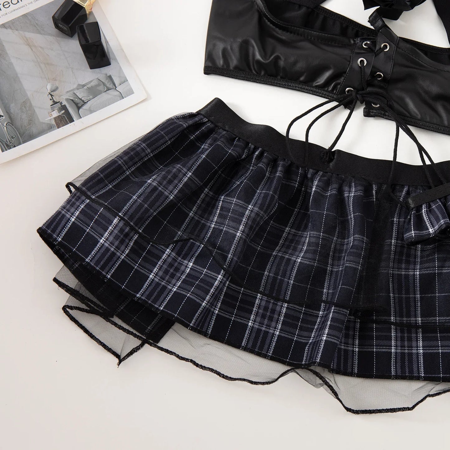 Ellolace Plaid Porn Sexy Lingerie Layered Skirt Cosplay Sexy Peekaboo Bra Sets Latex Lace Up Sissy Costumes Seductive Underwear