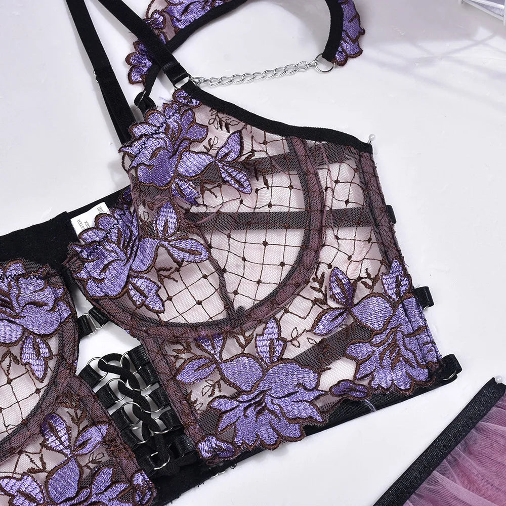 Fancy Lingerie Floral Underwear Women Body Ruffle Garters Briefs Transparent Bra Chic Costume 3-Piece