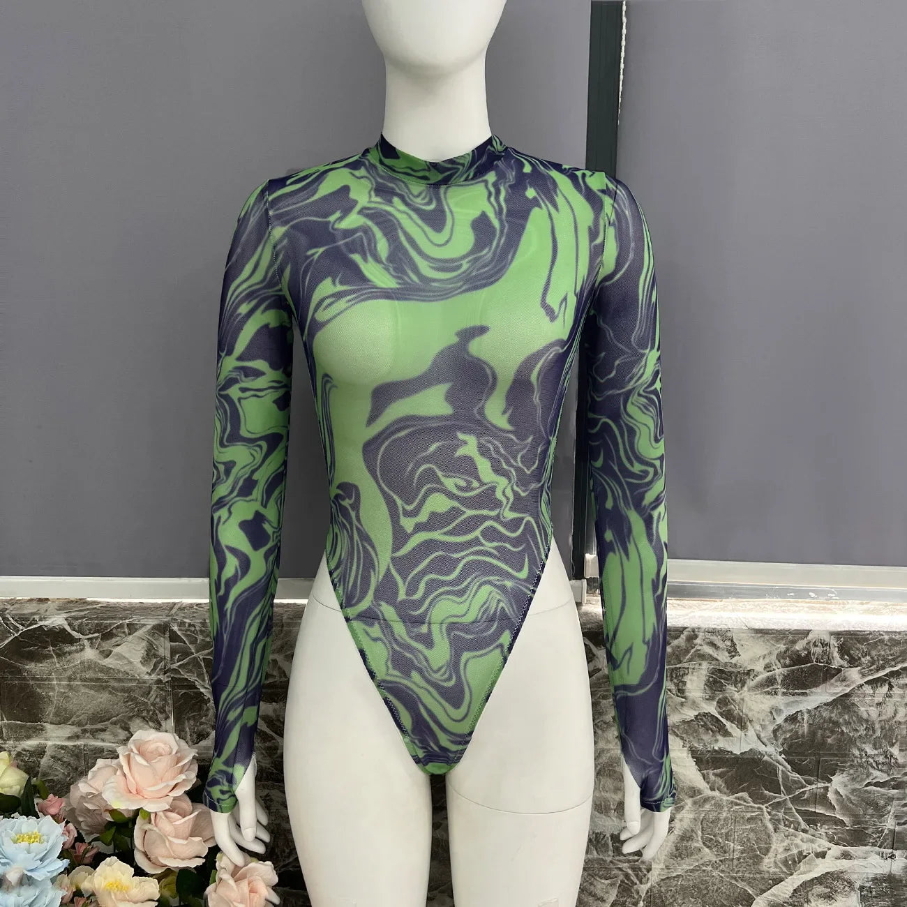 Ellolace Dragon Print Lace Bodysuit See Through Long Sleeve Tight Body Fancy Mesh Tops Fantasy Bodysuits Open Crotch Teddy