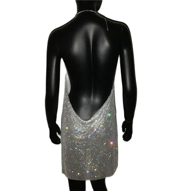 Sexy Crystal Mesh Sequins Nightclub Dress Women Backless Slit Metal Fabric Rhinestones Party Club Mini Dresses for Lady
