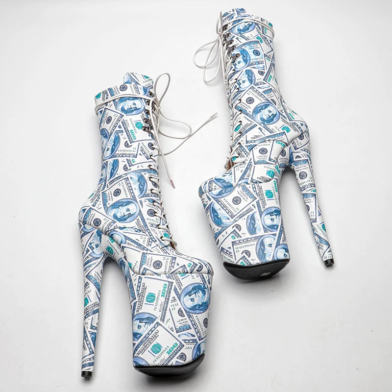 23CM/9inches dollar pattern Extreme High Heels Platform Boots Lace Up y Pole Dancing Ankle Boots women boot 4B