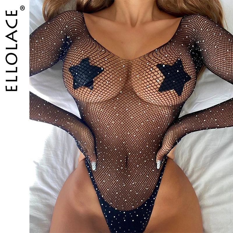 Ellolace Off Shoulder Fishnet Bodystocking Sexy Transparent Glitter Long Sleeve Bodysuit See Through Exotic Costumes Porn Tights
