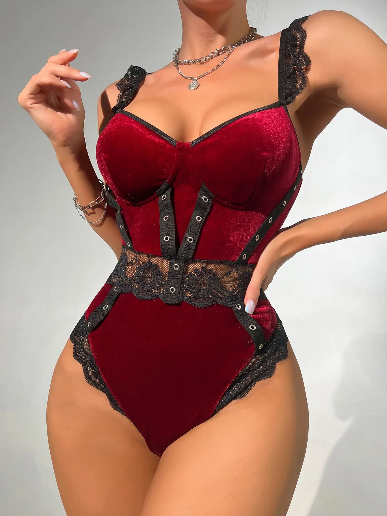 Velvet Bodysuit Lace Patchwork Luxury Women's Body One-Piece Crotchless Teddy Fitness Ruffle Winter Tops