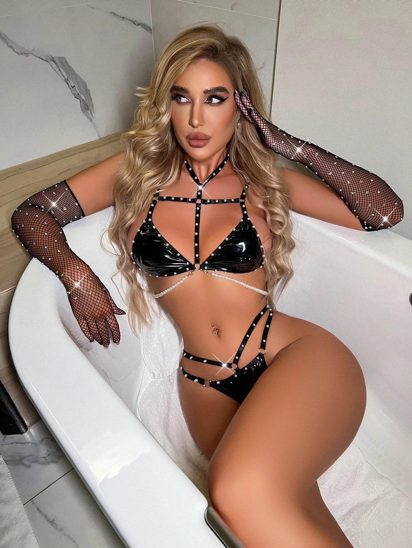 Sexy Latex Lingerie With Pearl Set Woman 3 Pieces Thongs Black Leather Intimate Set Luxury Exotic Underwear