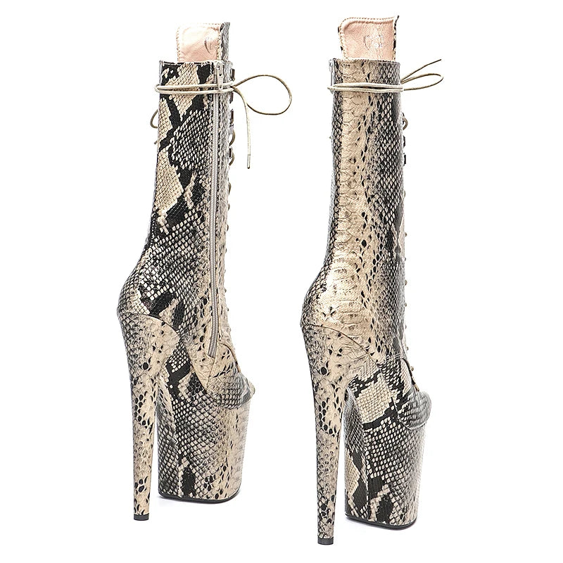 20CM/8Inch Snake PU Small Open Toe Platform Disco Party High Heels Mid Calf Boot Pole Dance Boot