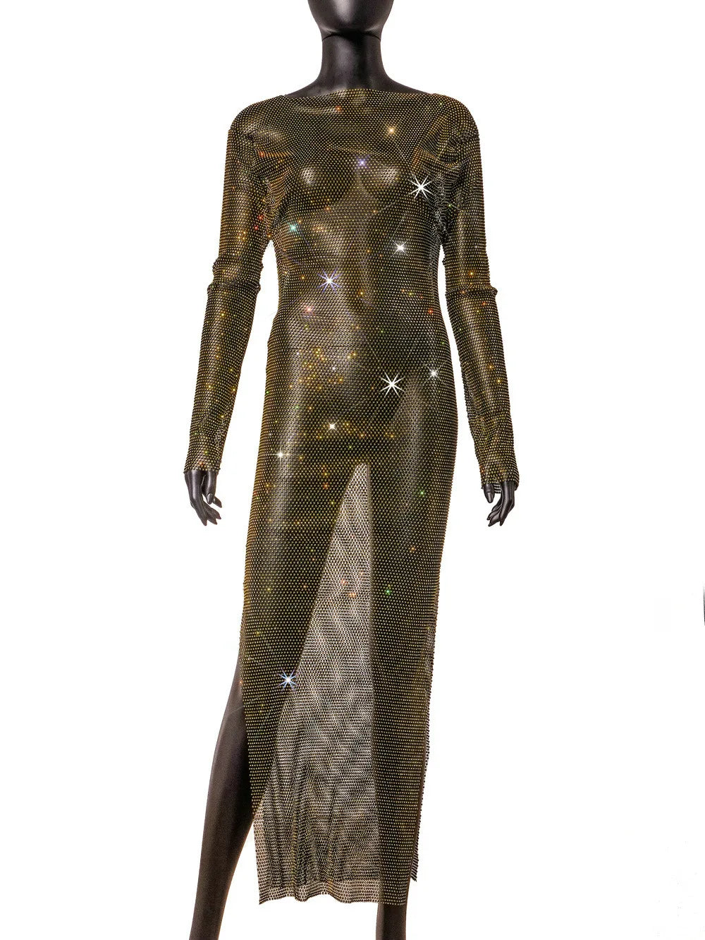 Shiny Rhinestone See Through Mesh Dress Women Sexy O Neck Split Long Sleeve Party Dresses Nightclub Cocktail Ladies Dress