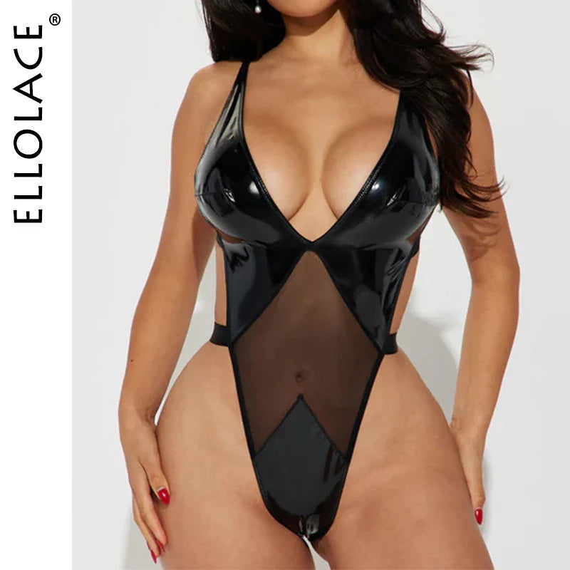 Ellolace Latex Bodysuit Thongs Fantasy Baby Dolls Body Mujer Fetish Babydoll Lace Pantchwork Black Leather Lingerie Costume