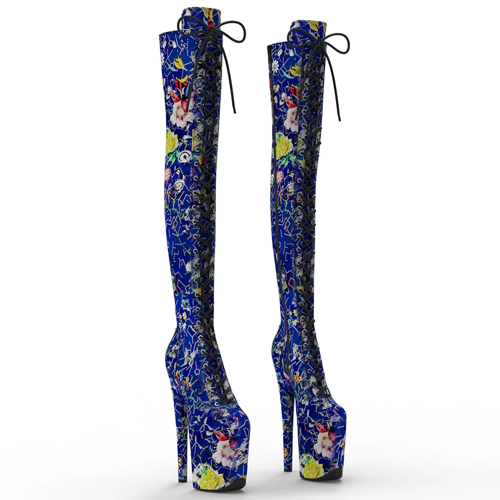 20cm/8inches y Trend Fashion Exotic Flower Pattern Women High Heel Platform Thigh High Boots Pole Dancing Boots